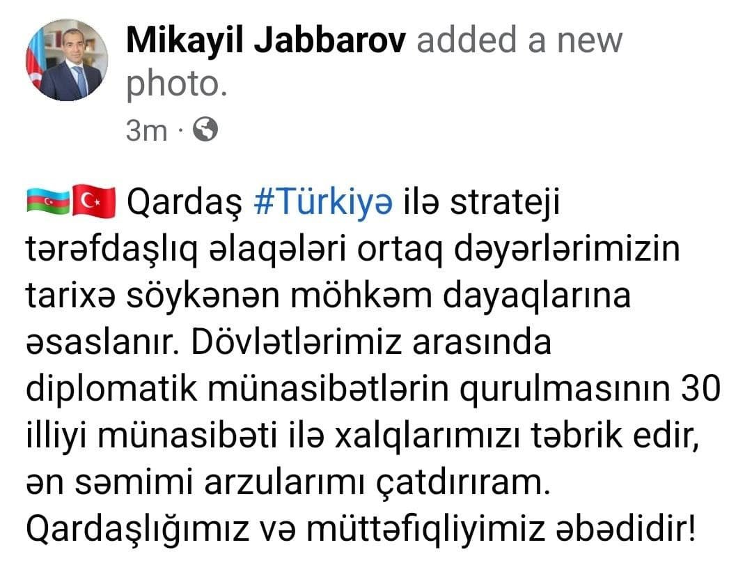 Mikayıl Cabbarovdan Türkiyə ilə bağlı PAYLAŞIM - foto 1