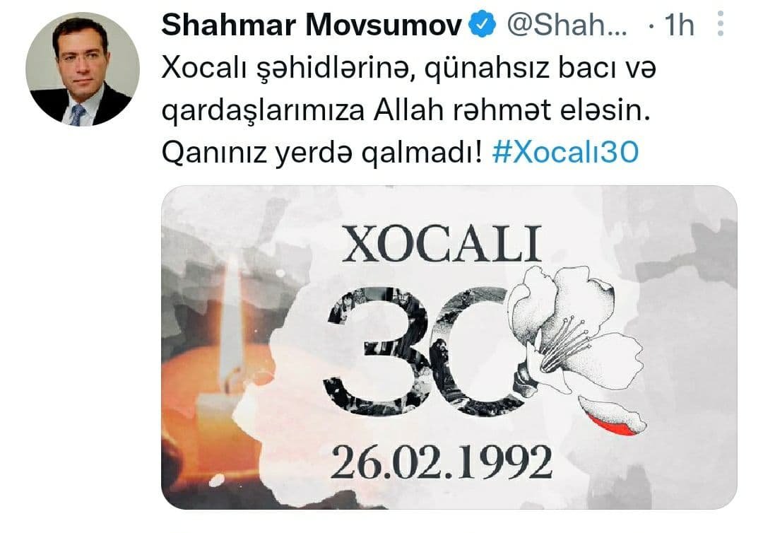 Prezidentin köməkçisindən Xocalı qətliamı ilə bağlı PAYLAŞIM – “Şəhidlərin qanı yerdə qalmadı” - foto 1