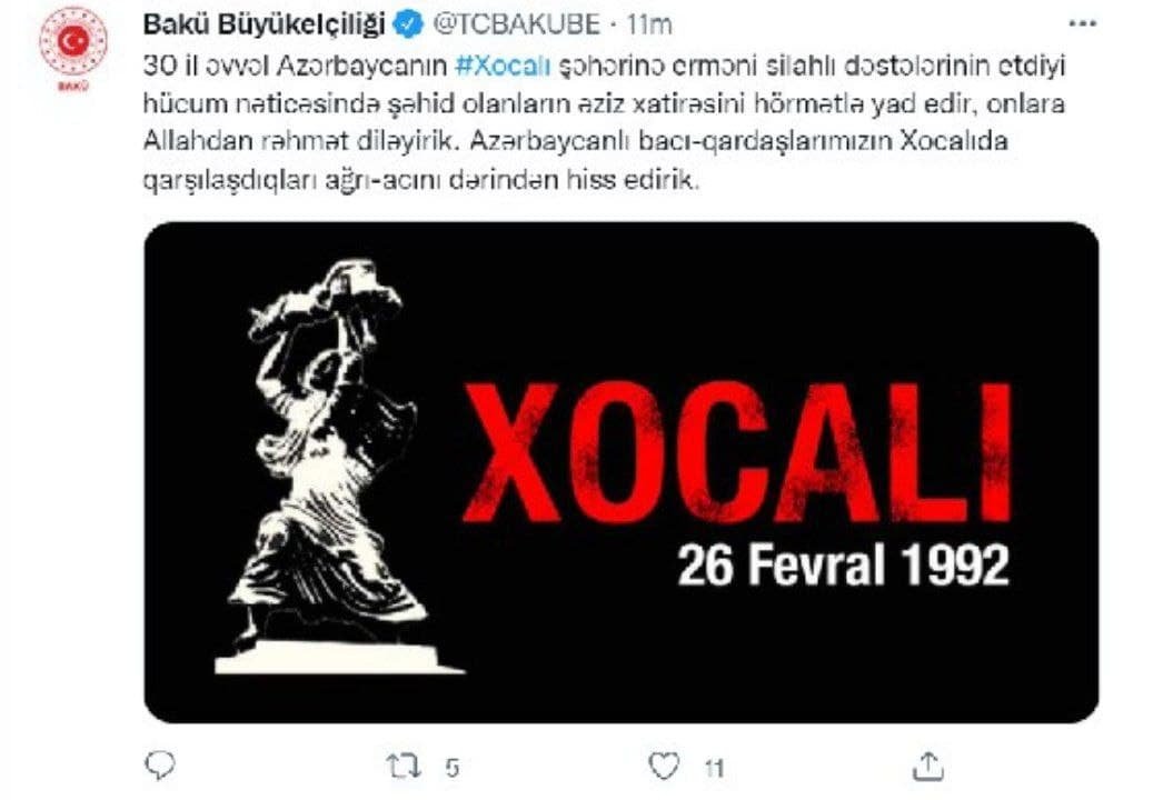 Türkiyə səfirliyinin Xocalı soyqırımı ilə bağlı PAYLAŞIMI - FOTO  - foto 1
