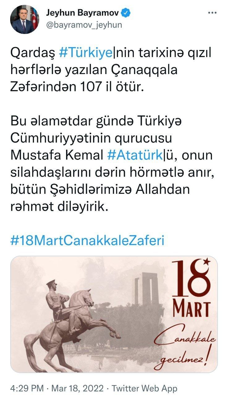 Ceyhun Bayramovdan Çanaqqala Zəfərinin ildönümü ilə bağlı paylaşım – FOTO  - foto 1