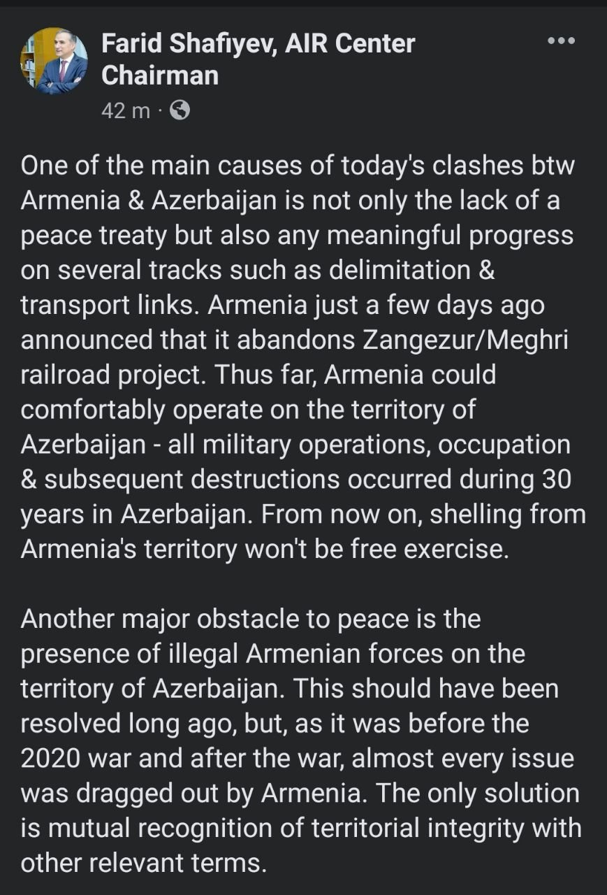 "Həll yolu ərazi bütövlüyünün qarşılıqlı şəkildə tanınmasıdır" - Fərid Şəfiyev  - foto 1