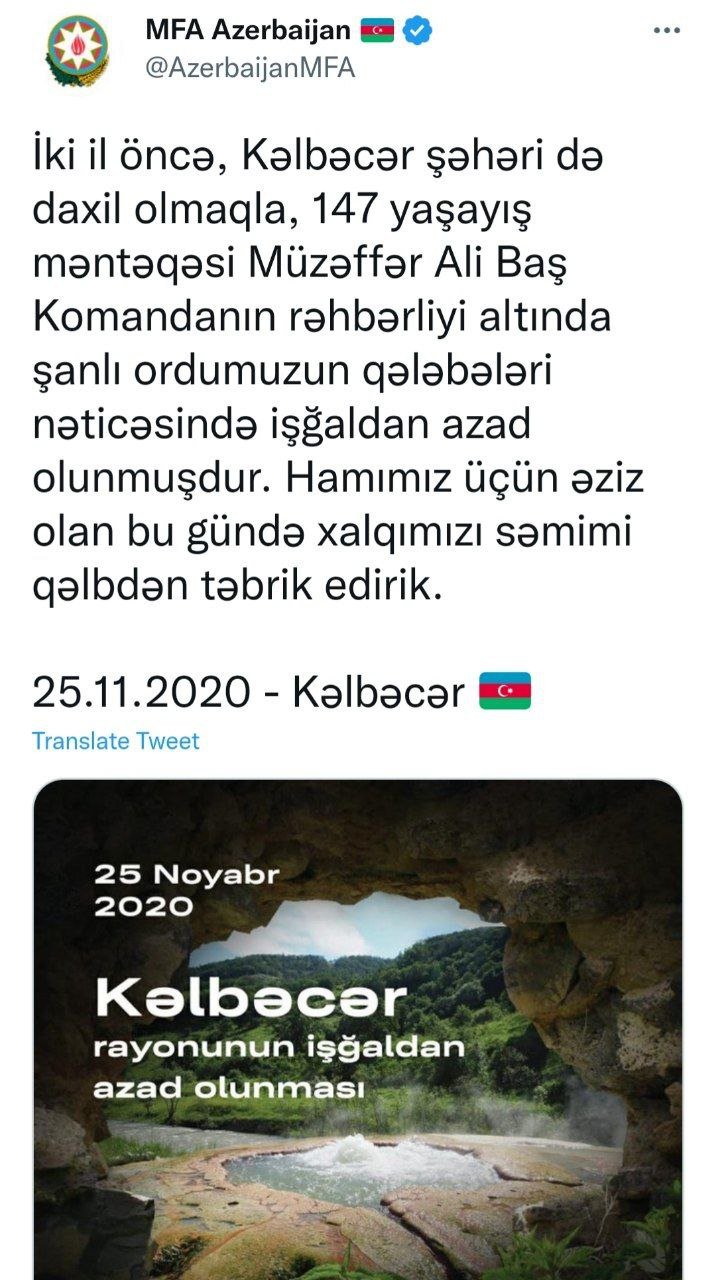 XİN-dən Kəlbəcərin azad olunmasının ildönümü münasibətilə TƏBRİK  - foto 1
