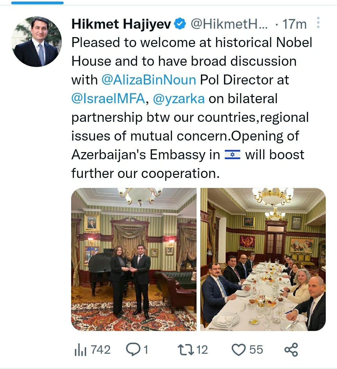 "Azərbaycanın İsraildə səfirlik açması əməkdaşlığımızı daha da gücləndirəcək" - Hikmət Hacıyev - foto 1