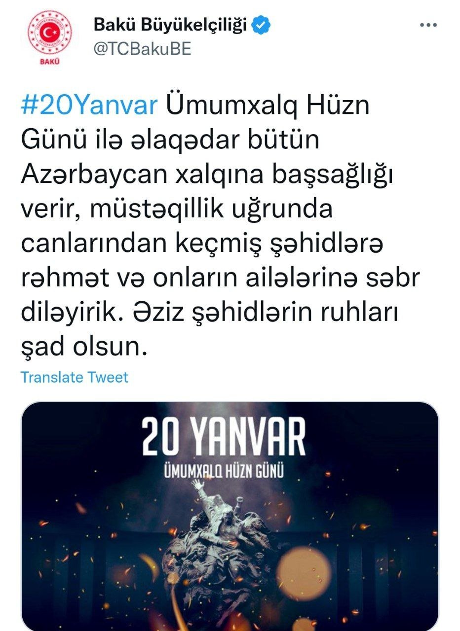 Türkiyə səfirliyi Azərbaycan xalqına başsağlığı verib - foto 1