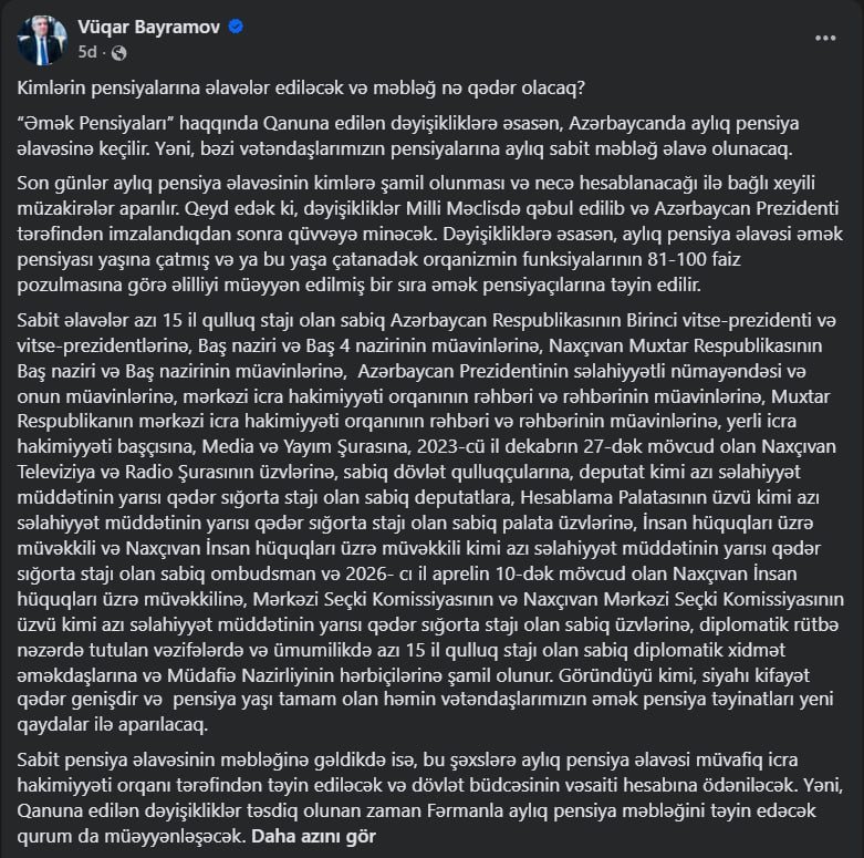 Bu şəxslərin pensiyalarına əlavələr ediləcək – MƏBLƏĞ AÇIQLANDI - foto 1