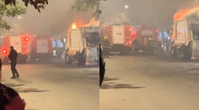 Sumqayıtda zibildaşıyan maşın yandı - VİDEO