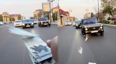 Toy karvanında “avtoş”luq edib yola pul səpdilər – VİDEO