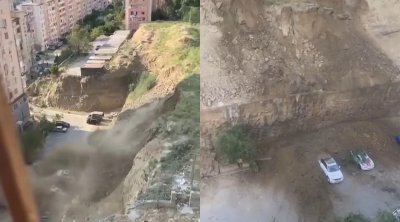 Bakıda DƏHŞƏTLİ ANLAR: Avtomobillər torpağın altında qaldı - VİDEO