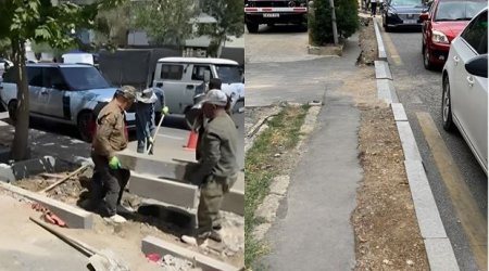 Bakıda parklanma yeri yaratmaq üçün sökülən səki bərpa olunur - VİDEO