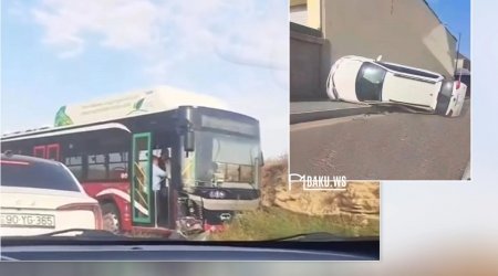 Hövsanda avtobusla toqquşan avtomobil aşdı – VİDEO