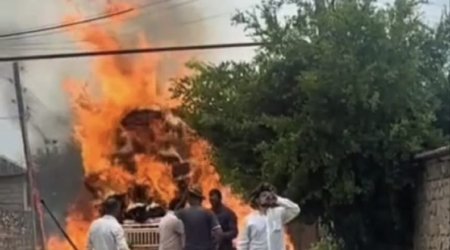 Qazaxda maşın ot tayaları ilə birlikdə yanaraq külə döndü - FOTO - VİDEO
