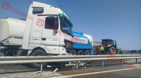Goranboyda ağırtonnajlı avtomobil qəza törətdi &ndash; Yanacaq asfalta dağıldı &ndash; FOTO/VİDEO